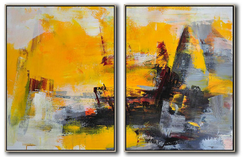 Large Abstract Art Handmade Painting,Set Of 2 Contemporary Art On Canvas,Large Wall Art Home Decor,Yellow,Grey,Black,Red.Etc